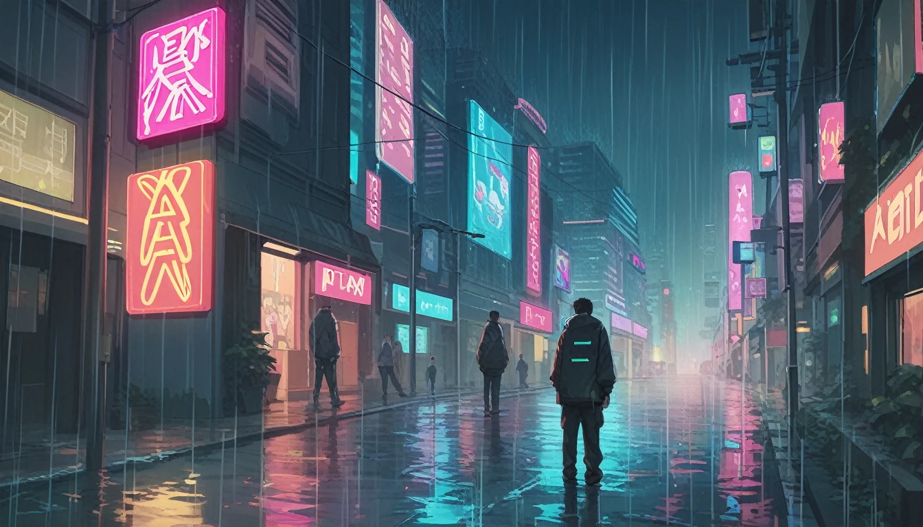 Futuristic dystopian megacity, neon signs, raining, crowded streets, holographic advertisements, cyberpunk style, dark atmosphere, anime, cyberpunk
