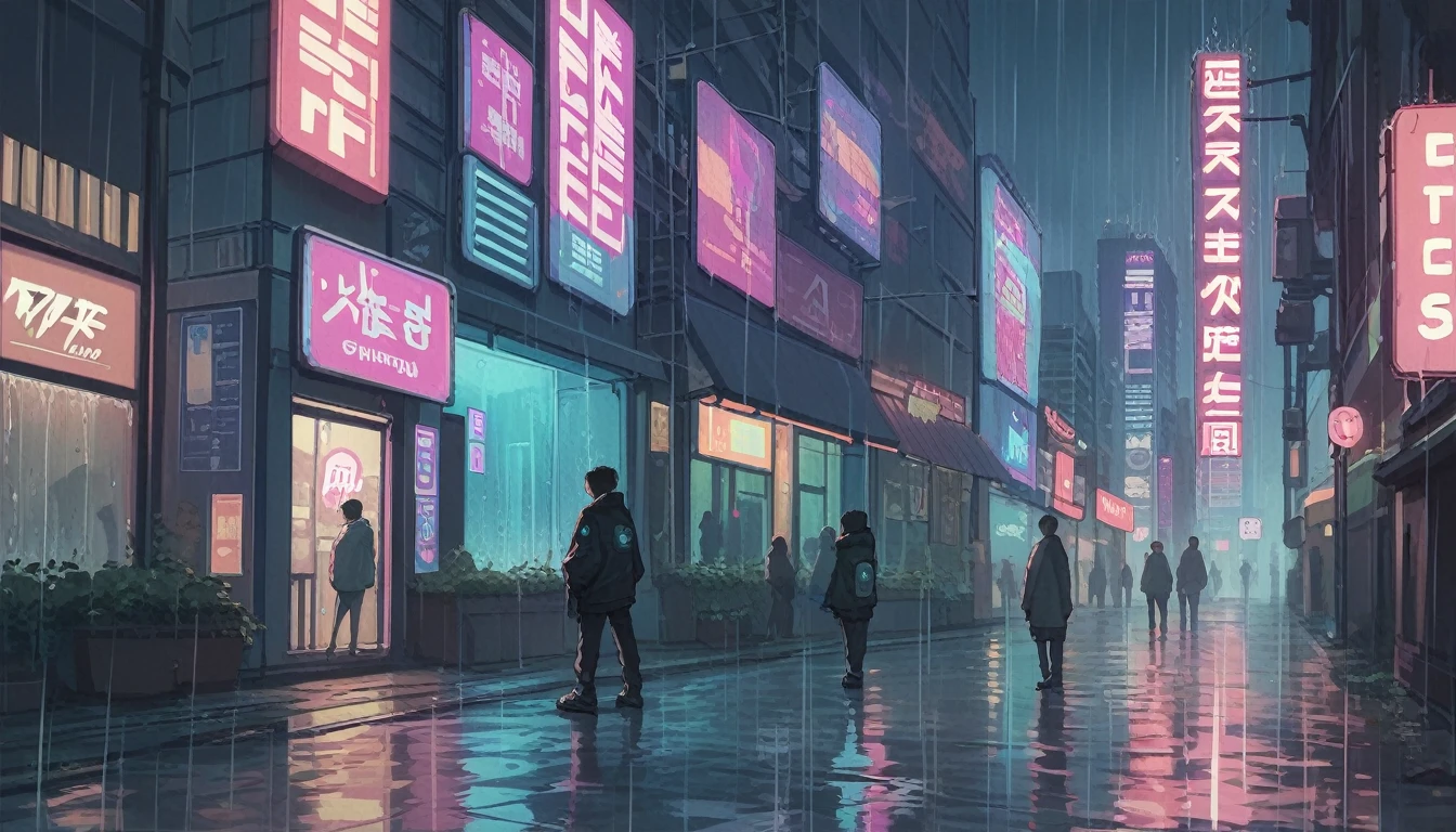 Futuristic dystopian megacity, neon signs, raining, crowded streets, holographic advertisements, cyberpunk style, dark atmosphere, anime, cyberpunk