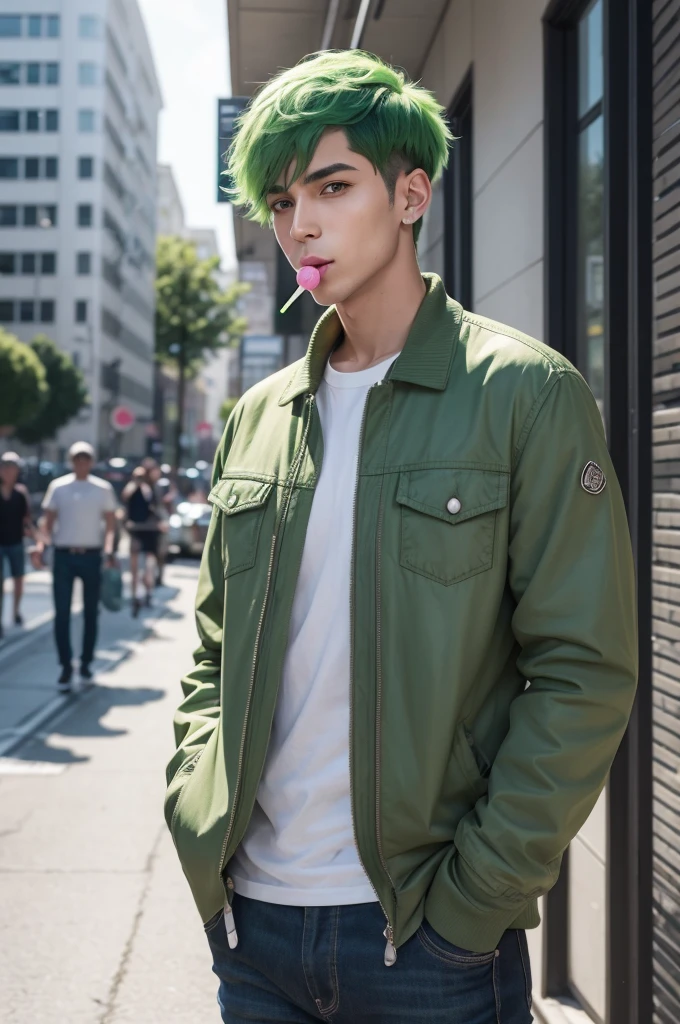A man with short green hair with a lollipop in his mouth with his hand in his pocket