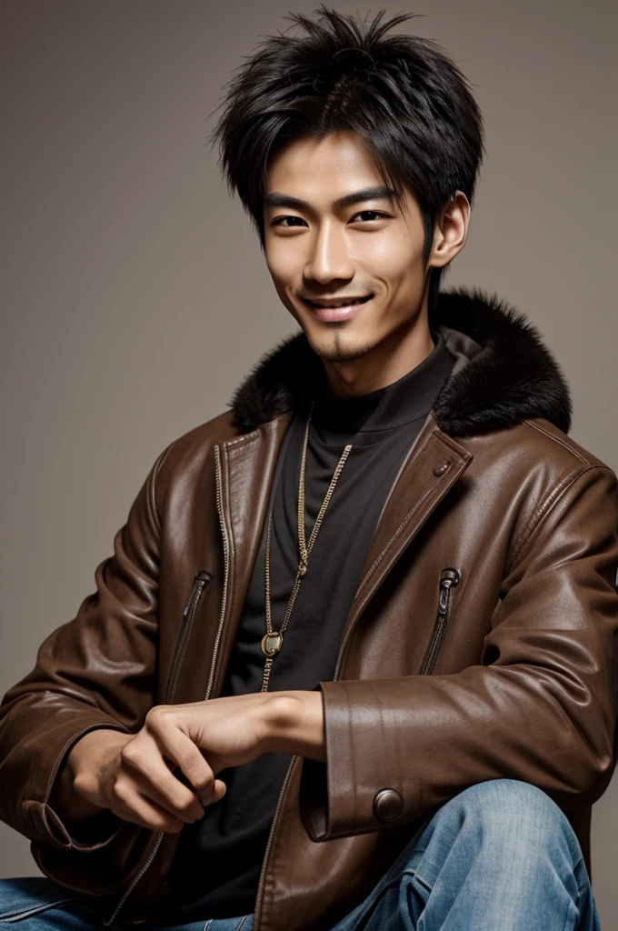 Create a tall rockstar Chinese nationality boy , medium thin, with half brown and half dark skin, of hair  , type v marked jaw , Brown eyes , beautiful smile , hands with veins 