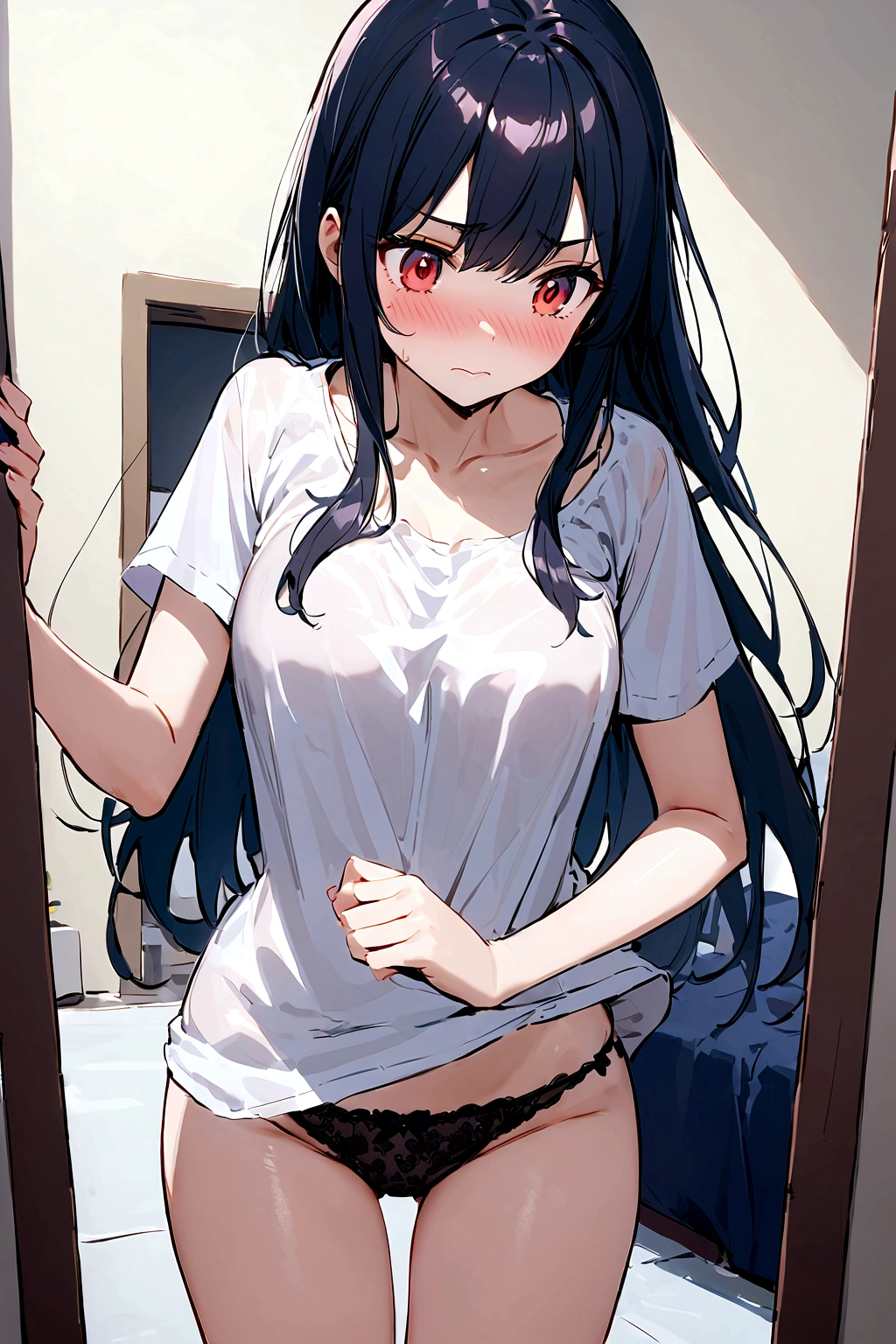 Become a，Black long hair，Straight Hair，Hair ends are slightly curled，Scattered on the shoulders，Fair skin，White loose T-shirt，Slightly longer hem，Cover part of the lower body，Black lace panties，Hiding under a T-shirt，Standing in front of the mirror，手抓Chest，白色液体从Chest溢出，surprise和Puzzled：Eyebrows slightly wrinkled，Eyes wide open，Mouth slightly open，Blushing cheeks，Mild sweating，手紧抓Chest或交叉放在胸前，Chest：full，Papaya shape，White liquid spills，Liquid slightly shiny，surprise、Puzzled、Awkward、nervous、anxiety，手抓Chest，Cross your arms，Rubbing hands nervously