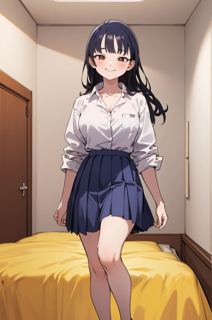 masterpiece, best quality, highres, aaanna, long hair, brown eyes, collarbone, collared shirt, white shirt, sleeves rolled up, pleated skirt, blue skirt, miniskirt,, smile, my room,big breasts,***