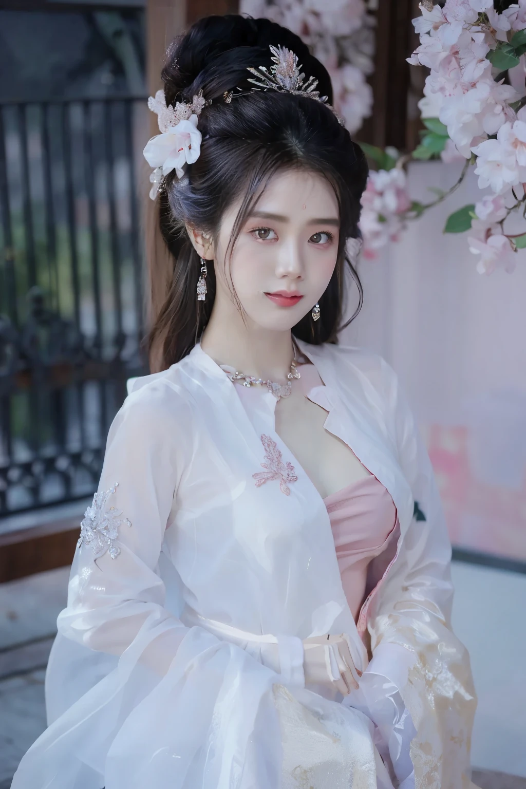 in pink，cleavage，underdressing