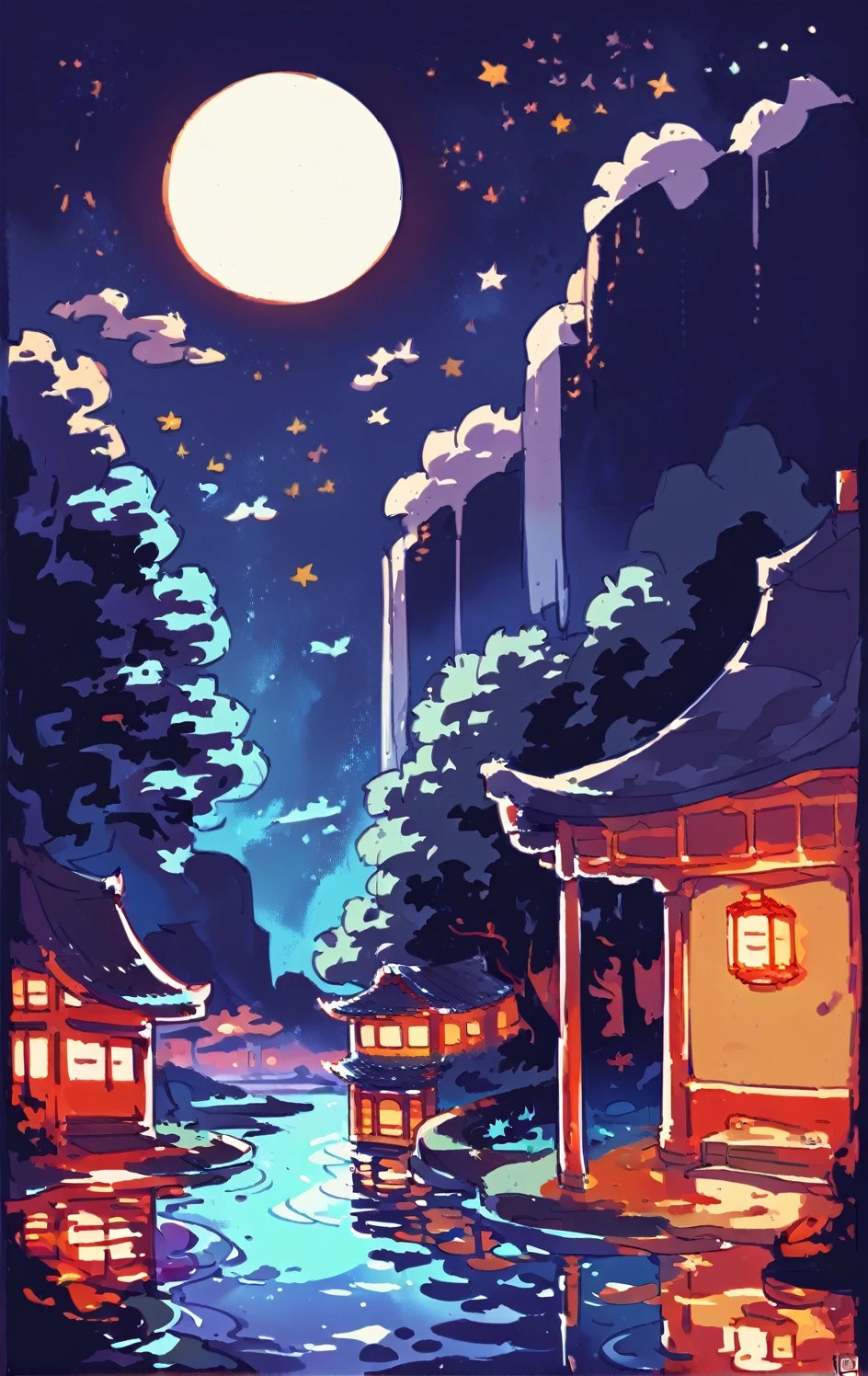 outdoors,sky,water,tree,no humans,night,crescent moon,building,star (sky),night sky,scenery,architecture,house,east asian architecture
