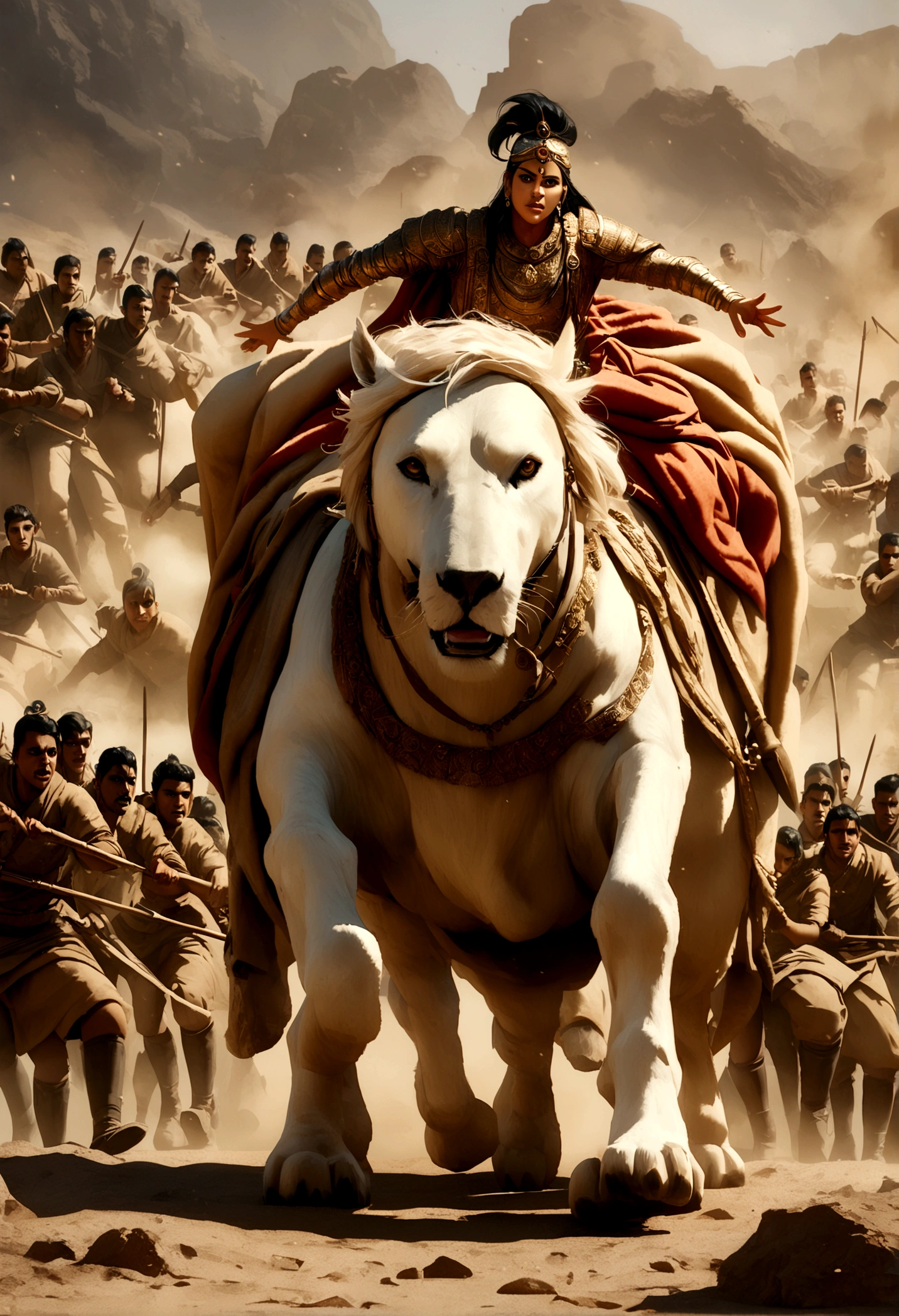 shree krishna lifting chariot chakra, epic, cinematic, 8k, ultra realistic, in an war field, warriors in the background
