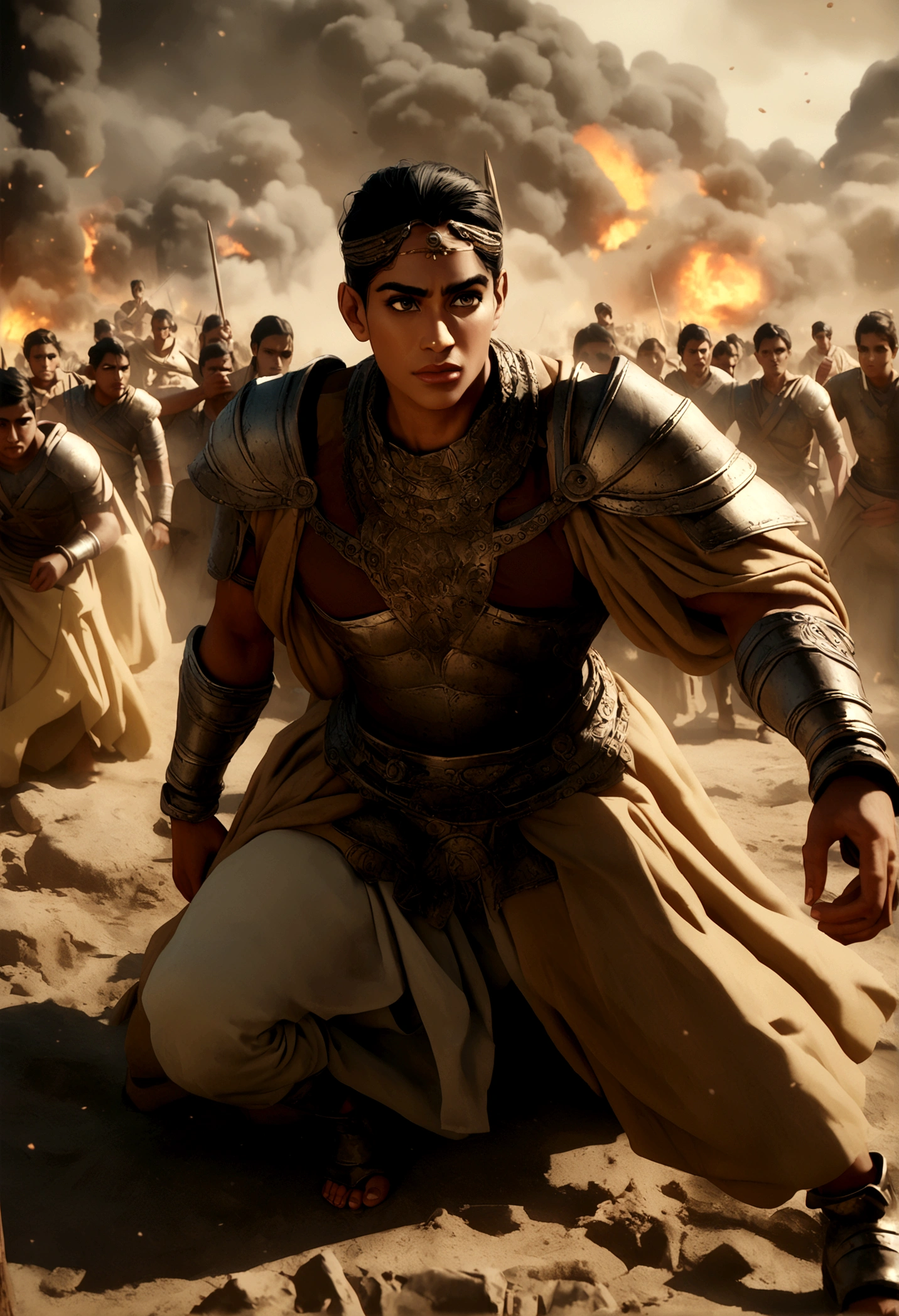 shree krishna lifting chariot chakra, epic, cinematic, 8k, ultra realistic, in an war field, warriors in the background