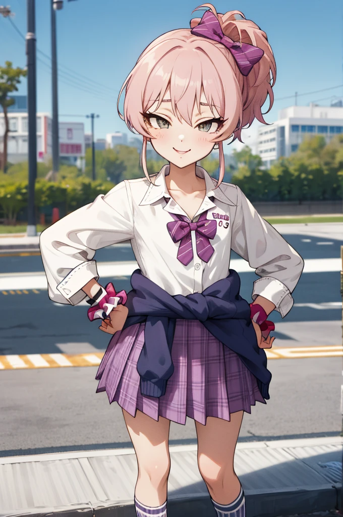 masterpiece, best quality, highres, aamika, ponytail, hair bow, collarbone, , striped, bowtie, collared shirt, white shirt, sleeves rolled up, wrist scrunchie,, clothes around waist, plaid skirt, purple skirt, socks, outdoors, hands on hips, smile,,flat chest,6yo