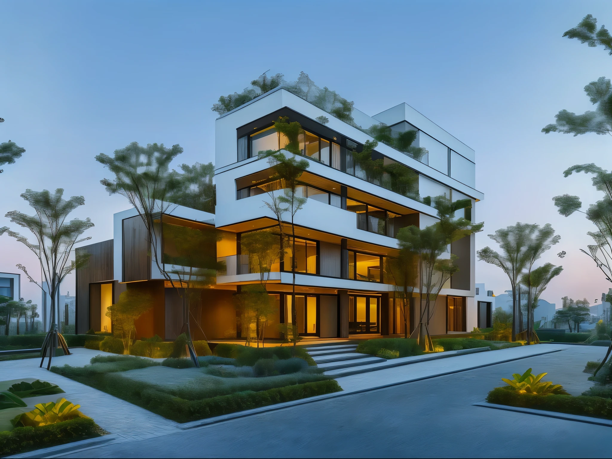 3D render of a beautiful house, Dark, gray tones, white wall. lumion render, night time render, insanely detailed rendering, realistic architecture, architectural visualization. The house is adorned with elegant lighting and plants to enhance its exterior appearance in a Vietnam city street. The staircase leading into the house is tiled with black marble and has bright LED lights. Behind are hills and mountains with clear blue sky. balcony with green plants. The main door is made of black aluminum and glass reaching up to the ceiling. Looking through the glass windows to look inside the house with luxurious interiors with luxurious and warm lights, interior lighting rendering and lighting effects. marble and wood and glass, dark and modern, luxcore render, taken with professional photography techniques, using a wide angle lens with bright natural light and high resolution details, in the style of professional photograph, hyper realistic, highly detailed.