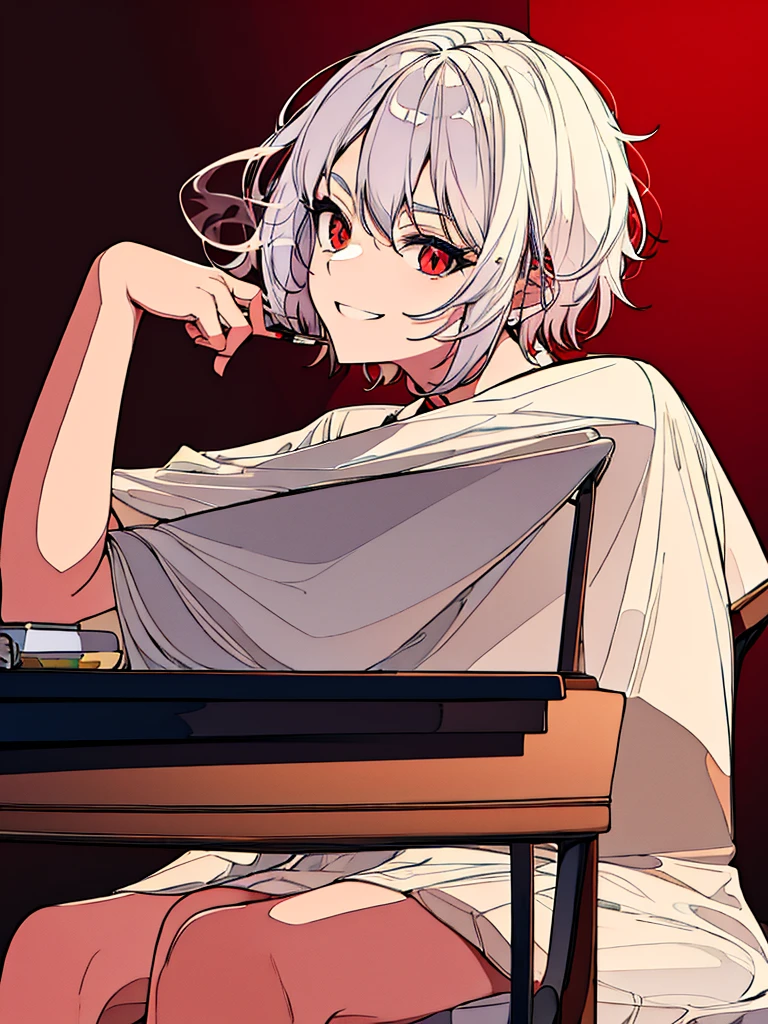 Boy,16 years old,white hair,short hair,red pupil,white skin, smiling, smoking, Singing,sit down,,school background 