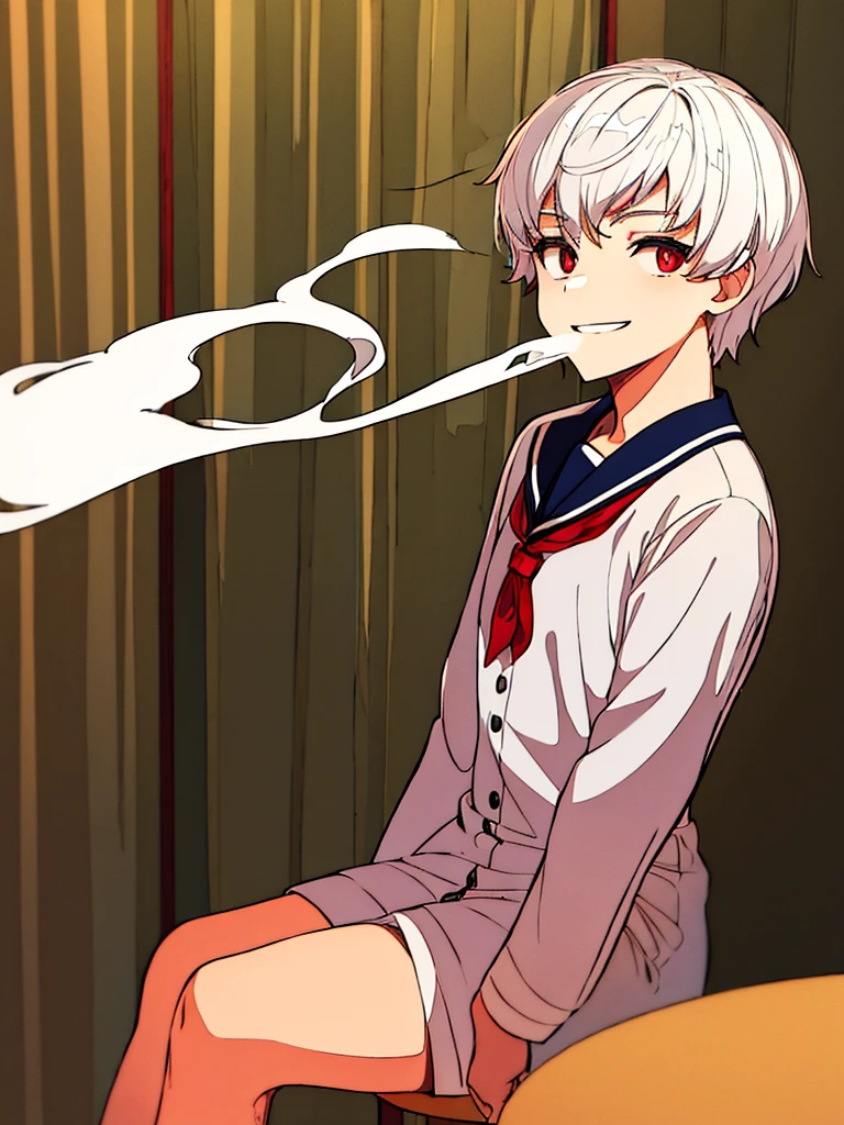 Boy,,white hair,short hair,red pupil,white skin, smiling, smoking, Singing,sit down,,school background 
