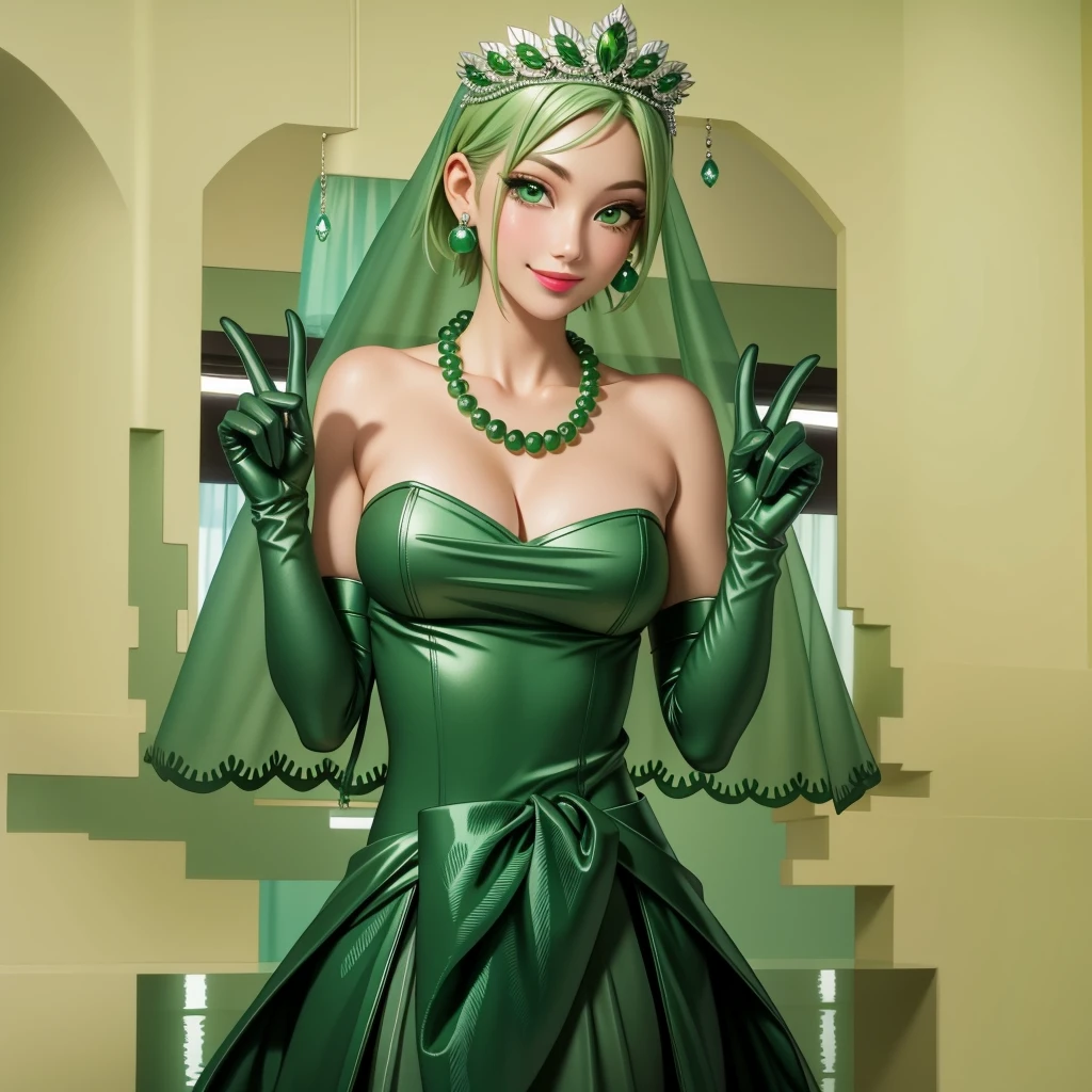 Emerald tiara, Green Pearl Necklace, ボーイッシュな非常に短いGreen Hair, Green Lips, Smiling Japanese woman, Very short hair, Busty beautiful lady, Green Eyes, Green satin long gloves, Green Eyes, Emerald Earrings, Green veil, all of, Green Hair, Beautiful Japanese Women, green lip gloss