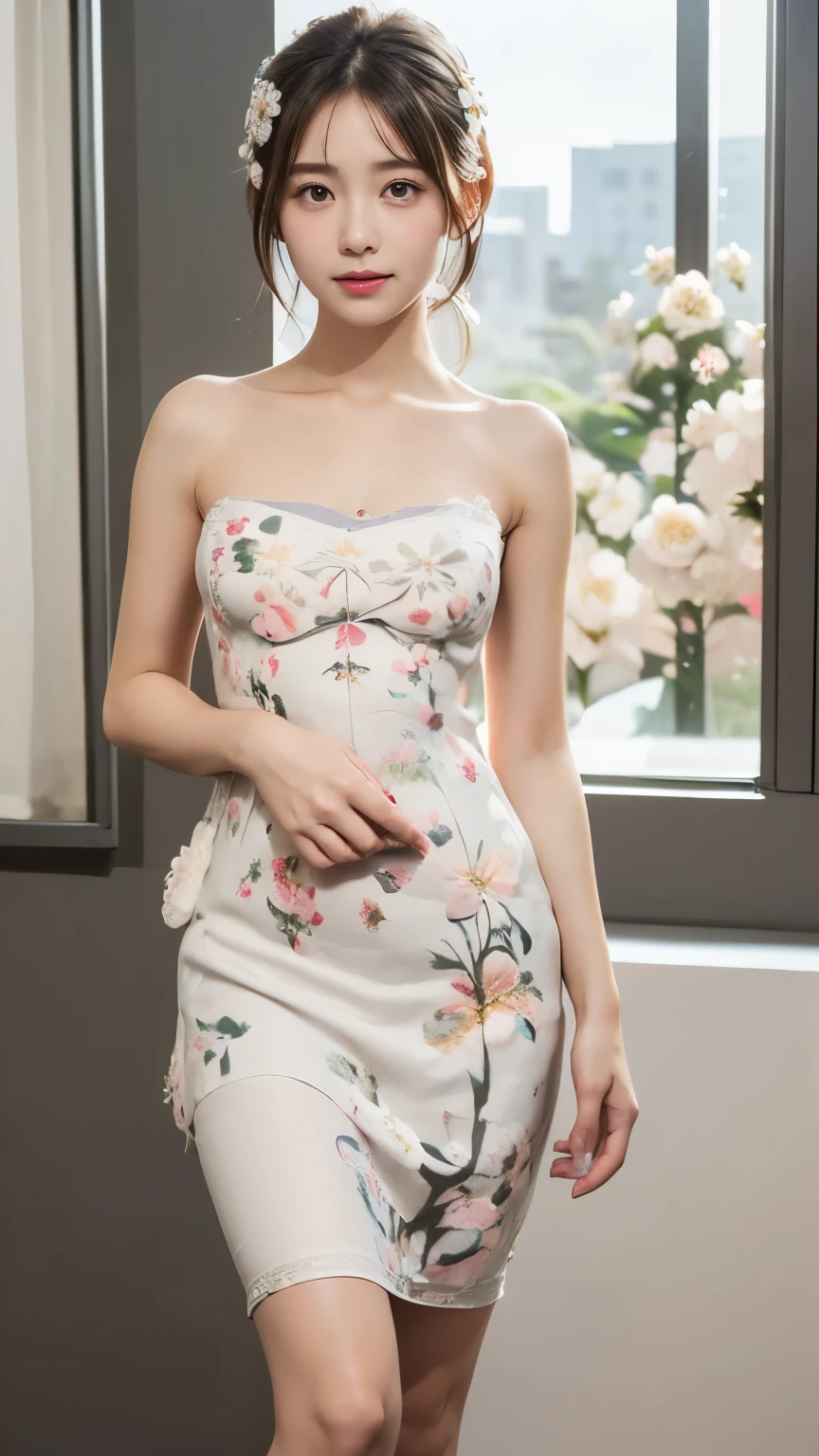 ,:1,2,((Realistic lighting, Best Quality, 8K, Masterpiece:1.3)), ,High school outdoor pool、((White floral strapless long camisole dress:1.2))、A single high school girl、((Slim body:2,0))、(Very small )、(very small waist)、(((White floral strapless long camisole dress:2.0)))、とてもSlim body:1,2、((Slender body:2,1))、Thin 、