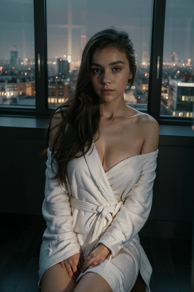 ((best quality)), ((masterpiece)), (detailed), perfect face, foreground woman (shoulder length hair), thin bathrobe draped around her shoulders, sitting at a table, back turned to camera, facing a laptop in front of a floor to ceiling window, (city skyline at night), laptop screen dark with vague reflection os seated woman