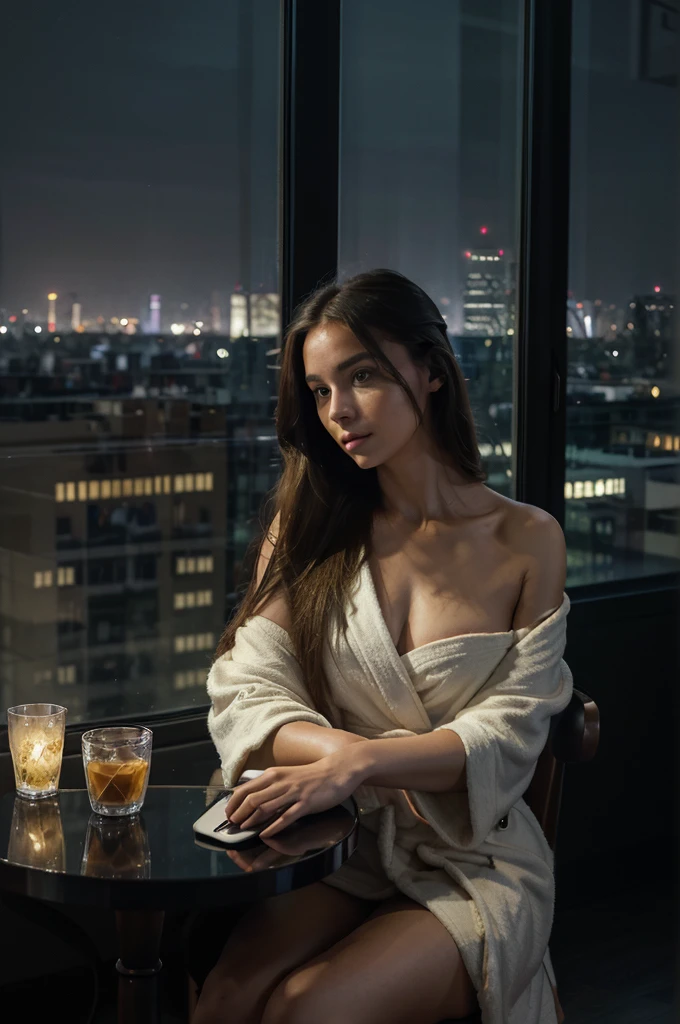 ((best quality)), ((masterpiece)), (detailed), perfect face, foreground woman (shoulder length hair), thin bathrobe draped around her shoulders, sitting at a table, back turned to camera, facing a laptop in front of a floor to ceiling window, (city skyline at night), laptop screen dark with vague reflection os seated woman