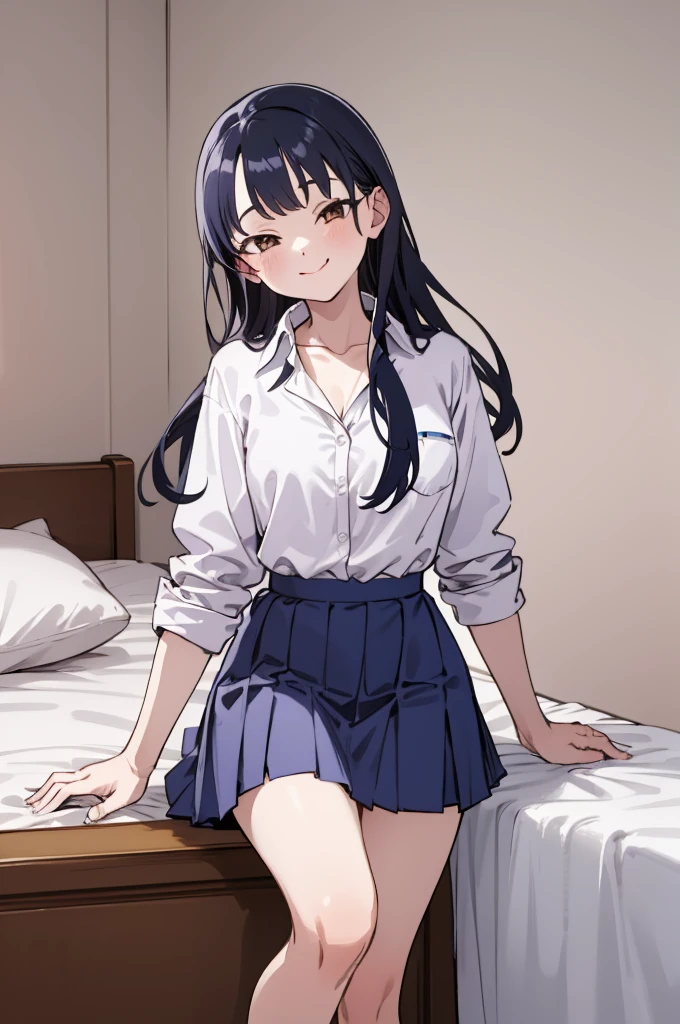 masterpiece, best quality, highres, aaanna, long hair, brown eyes, collarbone, collared shirt, white shirt, sleeves rolled up, pleated skirt, blue skirt, miniskirt,, smile, my room,small breasts,6yo