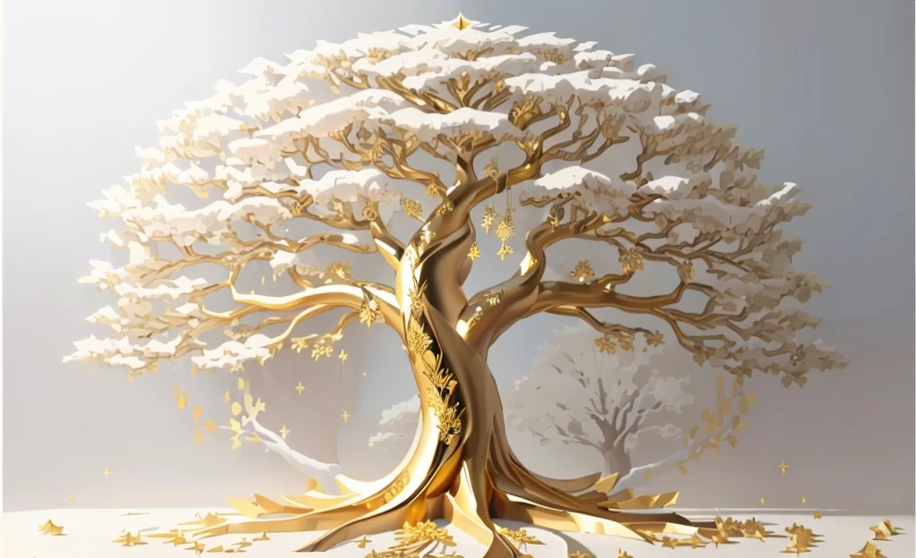a large metal tree with gold leaf on a white background, golden sacred tree, tree of Life seed of doubt, the tree of Life, sculpture made of gold, tree of Life, a huge silver tree, the World Tree, rich tree, collective civilization tree, rooted lineage, gold foil art, World Tree, gilded with gold, gold leaf painting, A beautiful tree