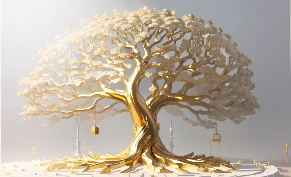 a large metal tree with gold leaf on a white background, golden sacred tree, tree of Life seed of doubt, the tree of Life, sculpture made of gold, tree of Life, a huge silver tree, the World Tree, rich tree, collective civilization tree, rooted lineage, gold foil art, World Tree, gilded with gold, gold leaf painting, A beautiful tree