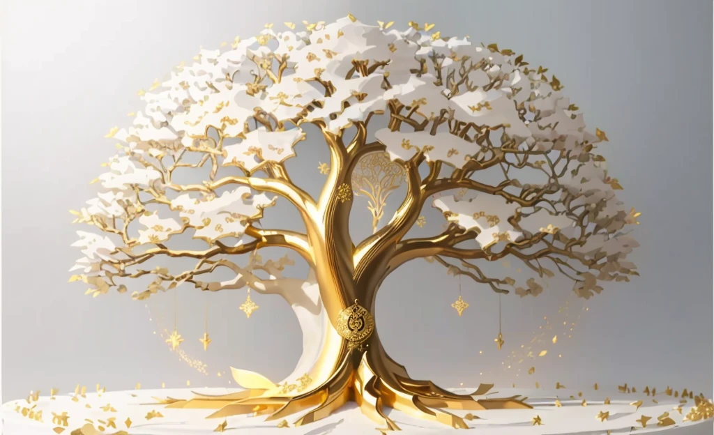 a large metal tree with gold leaf on a white background, golden sacred tree, tree of Life seed of doubt, the tree of Life, sculpture made of gold, tree of Life, a huge silver tree, the World Tree, rich tree, collective civilization tree, rooted lineage, gold foil art, World Tree, gilded with gold, gold leaf painting, A beautiful tree