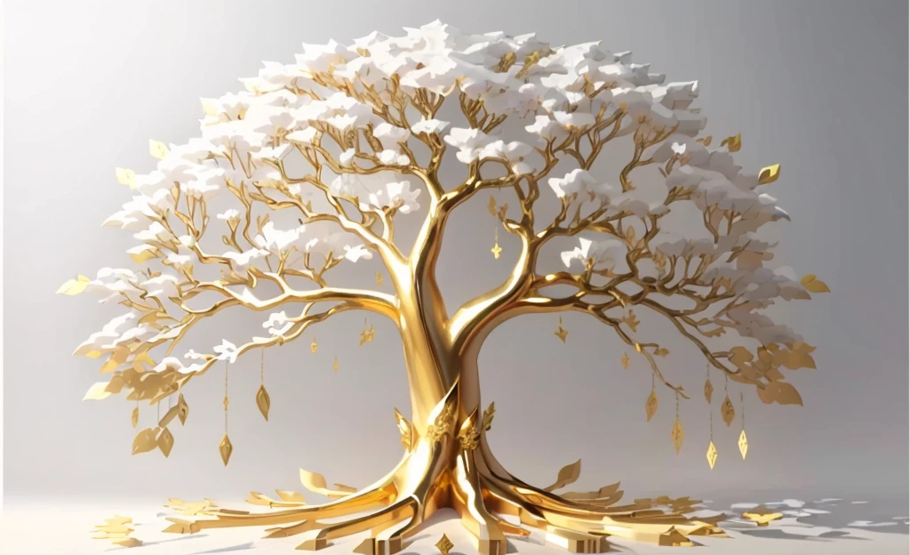 a large metal tree with gold leaf on a white background, golden sacred tree, tree of Life seed of doubt, the tree of Life, sculpture made of gold, tree of Life, a huge silver tree, the World Tree, rich tree, collective civilization tree, rooted lineage, gold foil art, World Tree, gilded with gold, gold leaf painting, A beautiful tree