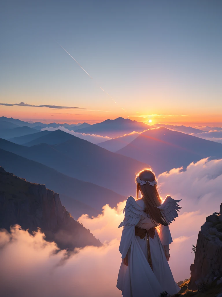 an angel of sublime beauty, from behind, observes the sunset that appears at the top of the mountains above a sea of ​​fog