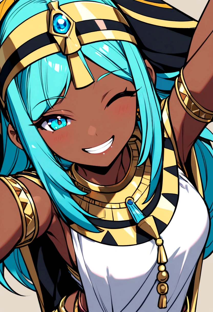Aqua hair girl, BROWN SKIN, eyes closed with a smile and egyptian style clothes