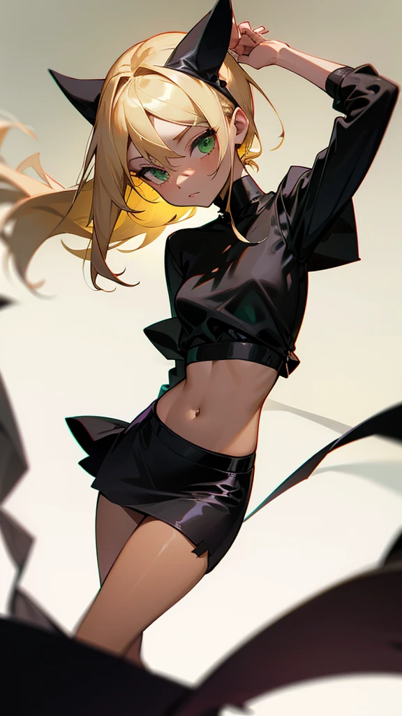 Blonde hair , green eyes  ,lightly tan skin ,  age 15, black  skirt and a silk top , goth