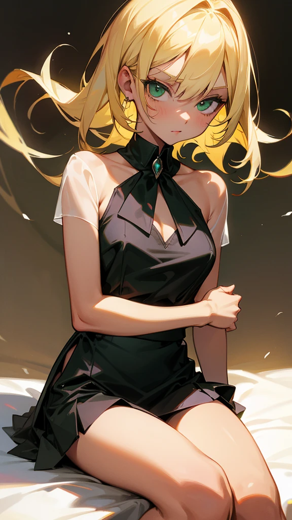 Blonde hair , green eyes  ,lightly tan skin ,  age 15, black  skirt and a silk top , goth