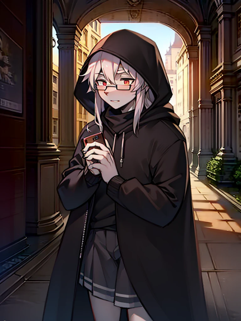 One side is a male human with long hair,A wolf-orc with white hair on one side。Male human messy hair,With black round-rimmed glasses,The clothes are an ordinary school uniform,Looking ahead with a dull look,White headphones hanging around the neck,The phone in my left hand flashes a strange light;The white man wore a long black coat that was completely different from his fur color.,With black hood,White ears not covered by the hood,Eyes are red,Looking forward with determination,A long black and red blade is held tightly in the right hand.。Male human on campus,And the white wolf is in a dark place