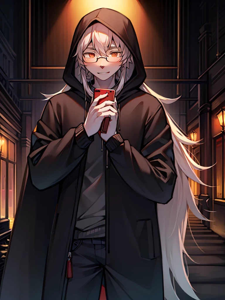One side is a male human with long hair，A wolf-orc with white hair on one side。Male human messy hair，With black round-rimmed glasses，The clothes are an ordinary school uniform，Looking ahead with a dull look，White headphones hanging around the neck，The phone in my left hand flashes a strange light；The white man wore a long black coat that was completely different from his fur color.，With black hood，White ears not covered by the hood，Eyes are red，Looking forward with determination，A long black and red blade is held tightly in the right hand.。Male human on campus，And the white wolf is in a dark place