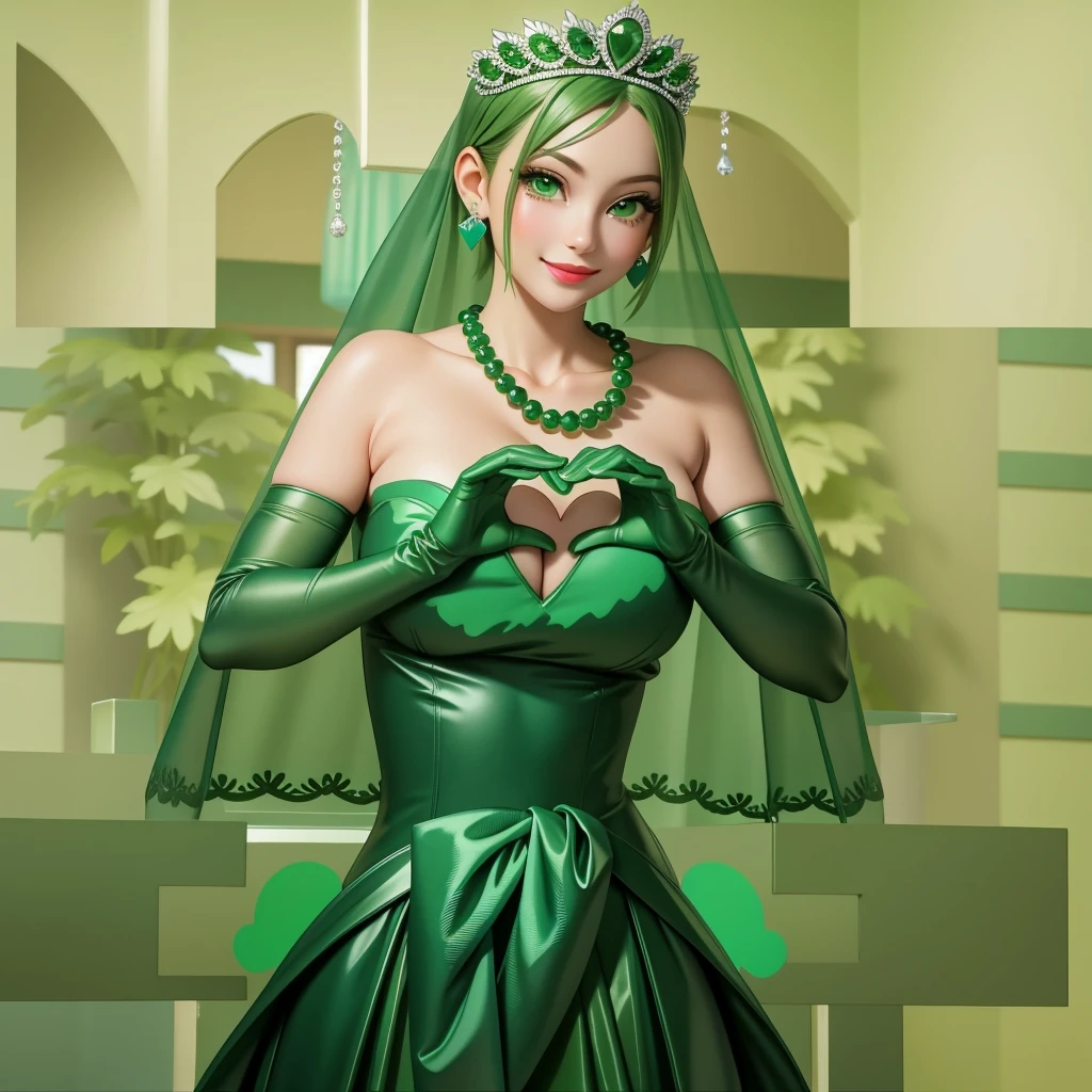 Emerald tiara, Green Pearl Necklace, ボーイッシュな非常に短いGreen Hair, Green Lips, Smiling Japanese woman, Very short hair, Busty beautiful lady, Green Eyes, Green satin long gloves, Green Eyes, Emerald Earrings, Green veil, Heart with both hands, Green Hair, Beautiful Japanese Woman, Heart shaped hands:1.3, green lip gloss