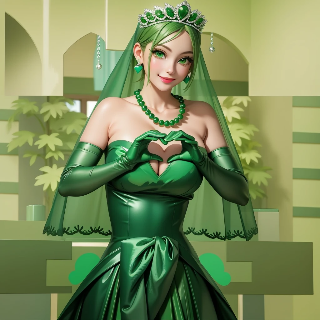 Emerald tiara, Green Pearl Necklace, ボーイッシュな非常に短いGreen Hair, Green Lips, Smiling Japanese woman, Very short hair, Busty beautiful lady, Green Eyes, Green satin long gloves, Green Eyes, Emerald Earrings, Green veil, Heart with both hands, Green Hair, Beautiful Japanese Woman, Heart shaped hands:1.3, green lip gloss