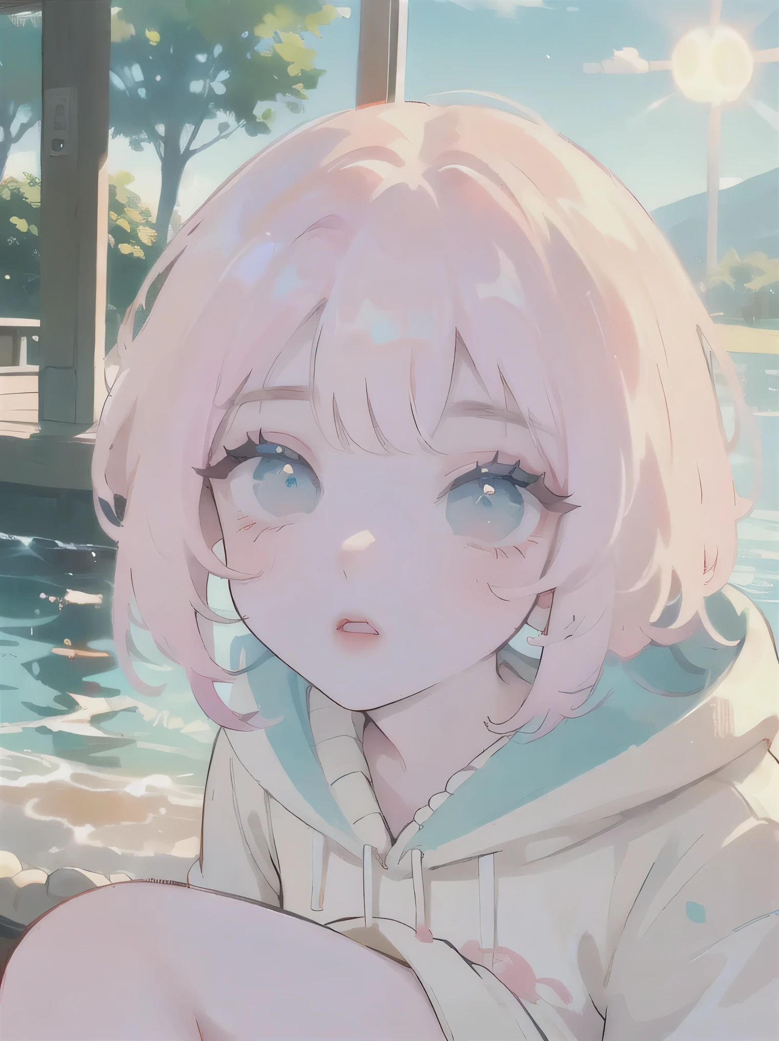 (high quality) (best quality) (a woman) (correct physiognomy) (perfect students) (perfect eyes) anime woman, deep pink, long and fluffy hair, two rabbit ears coming out of her head, blue eyes, lips sensitive, feminine appearance, soft facial features, thin eyebrows, soft skin, rosy cheeks, pink lips, silky eyelashes, dreamy expression, middle age, youthful clothing, sheep print sweatshirt, photo illuminated by sunlight, Woman sitting on the river.