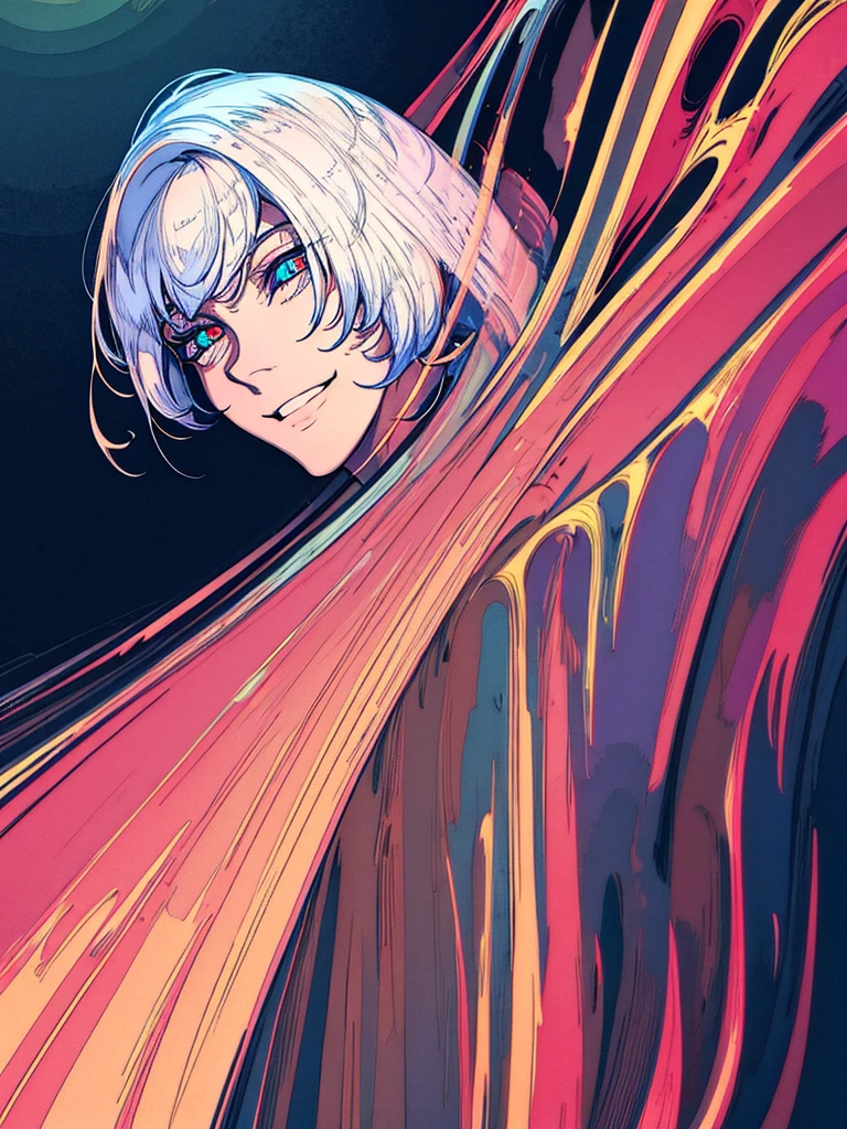 a 16 year old boy with white hair and short hair, red pupils, white skin, smiling, smoking, singing, sitting down, wearing a , in a school background, detailed face, beautiful detailed eyes, beautiful detailed lips, extremely detailed eyes and face, long eyelashes, photorealistic, 8k, hyper detailed, cinematic lighting, vibrant colors, digital art, concept art