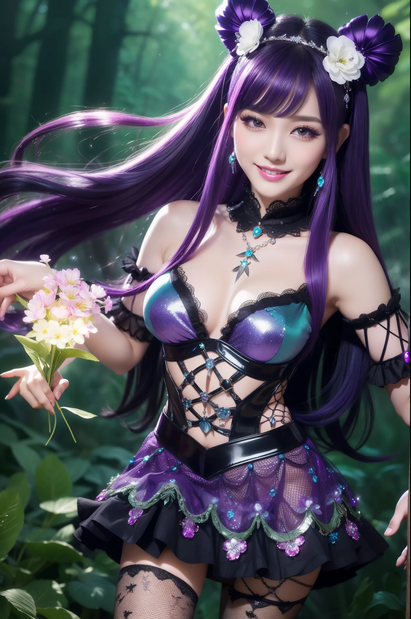 y princess who controls poison、beautiful smile、lipgloss、long lashes、smokey eyeshadow、look at the camera、full body Esbian、、sparkling poisoned flower costume、、、、shiny sparkling multicolor hair、secrete poison、skull hair accessories、fishnet tights、shiny sparkling dark magic forest background