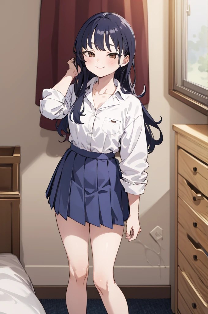 small breasts,***,masterpiece, best quality, highres, aaanna, long hair, brown eyes, collarbone, collared shirt, white shirt, sleeves rolled up, pleated skirt, blue skirt, miniskirt,, smile, my room,