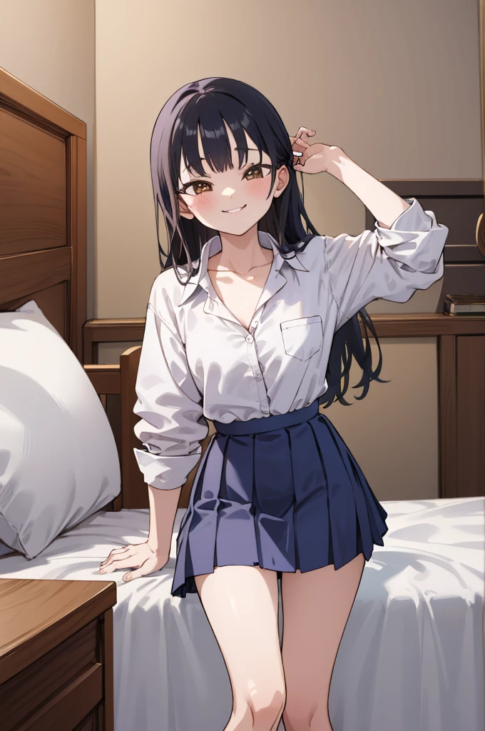 small breasts,***,masterpiece, best quality, highres, aaanna, long hair, brown eyes, collarbone, collared shirt, white shirt, sleeves rolled up, pleated skirt, blue skirt, miniskirt,, smile, my room,