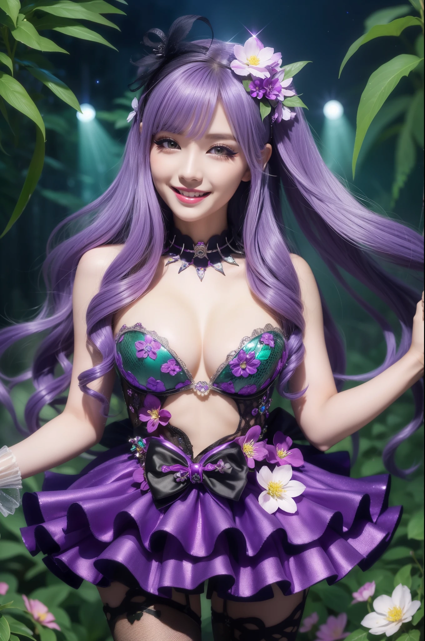 sexy princess who controls poison、beautiful smile、lipgloss、long lashes、smokey eyeshadow、look at the camera、full body Esbian、、sparkling poisoned flower costume、、、、shiny sparkling multicolor hair、secrete poison、skull hair accessories、fishnet tights、shiny sparkling dark magic forest background