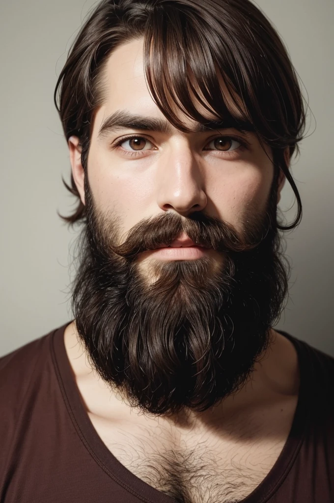 bearded man, with honey eyes, dark brown hair