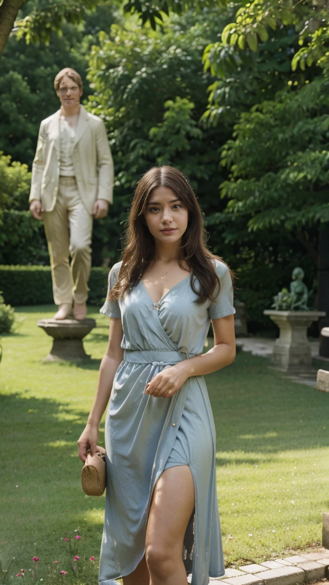 (8k、Photos brutes、la plus haute qualité)、(réaliste、réaliste)、Une jeune femme de 20 ans avec des cheveux bruns et des yeux clairs se tient dans un grand jardin public. Elle porte une robe verte élégante qui ondule légèrement avec la brise. Le jardin est rempli de fleurs colorées et d'arbres majestueux, créant une atmosphère paisible et pittoresque. La lumière du soleil traverse doucement les feuilles, illuminant son visage et accentuant la couleur éclatante de sa robe. Des allées de gravier serpentent à travers le jardin, avec des bancs en bois et des statues classiques éparpillés autour.