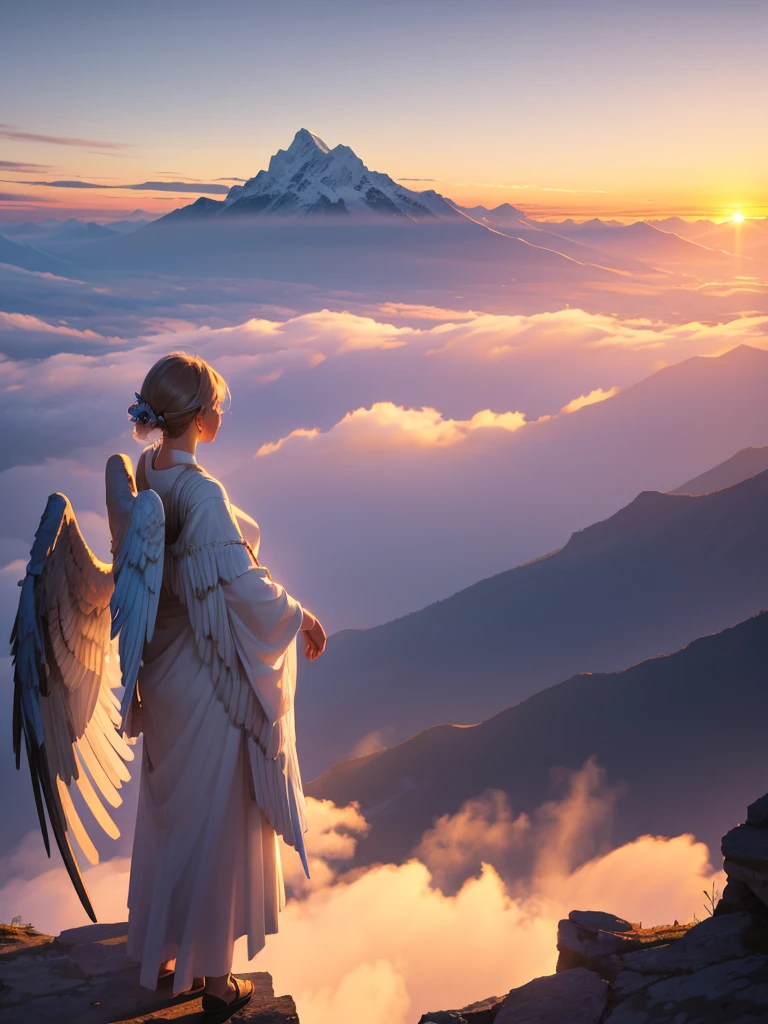 an archangel of sublime beauty, from behind, observes a wonderful sunrise that appears at the top of the mountains above a sea of fog