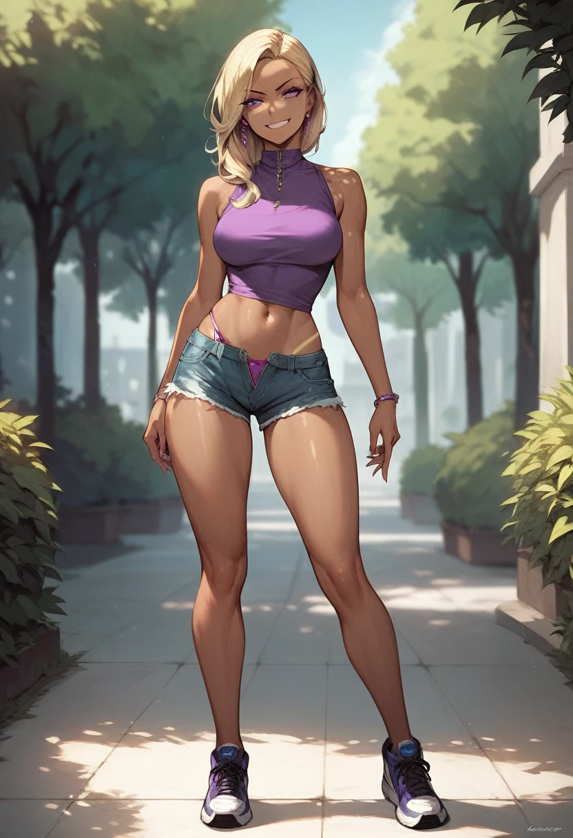 ((High Quality image 10k)) (( perfect autonomy)) Masterpiece, Solo girl, dark tan skin, blonde hair purple eyes, evil smug grin, wearing purple sleeveless shirt, blue jean shorts, shorts coming off, cute panties, beautiful legs, full body, Standing, in the park