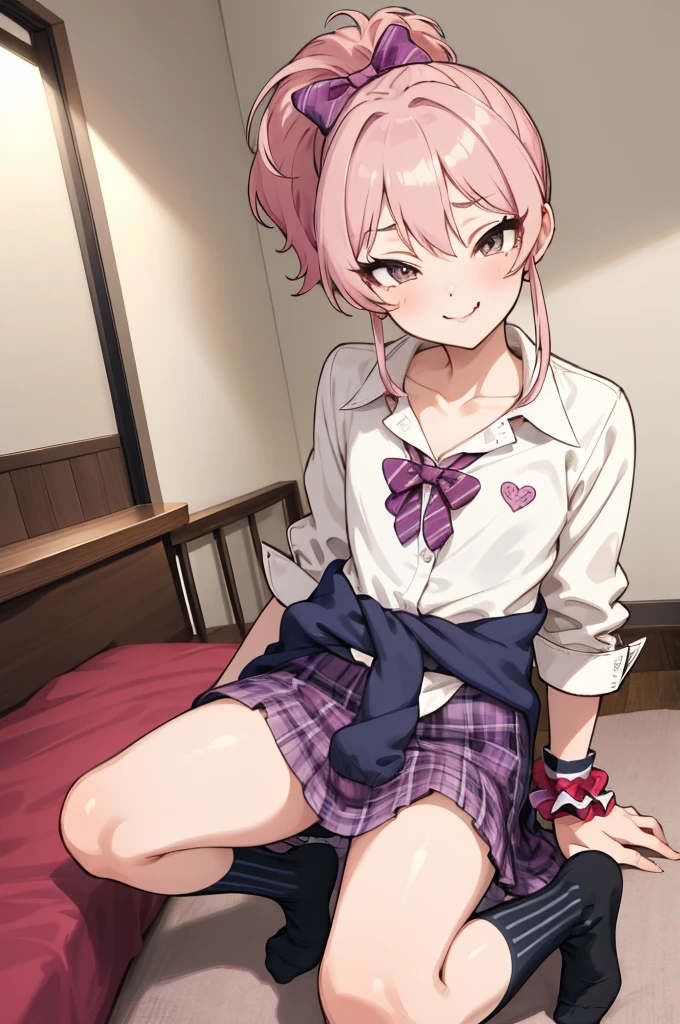 ,flat chest,***,nsfw,masterpiece, best quality, highres, aamika, ponytail, hair bow, collarbone, , striped, bowtie, collared shirt, white shirt, sleeves rolled up, wrist scrunchie,, clothes around waist, plaid skirt, purple skirt, socks, my room, smile,