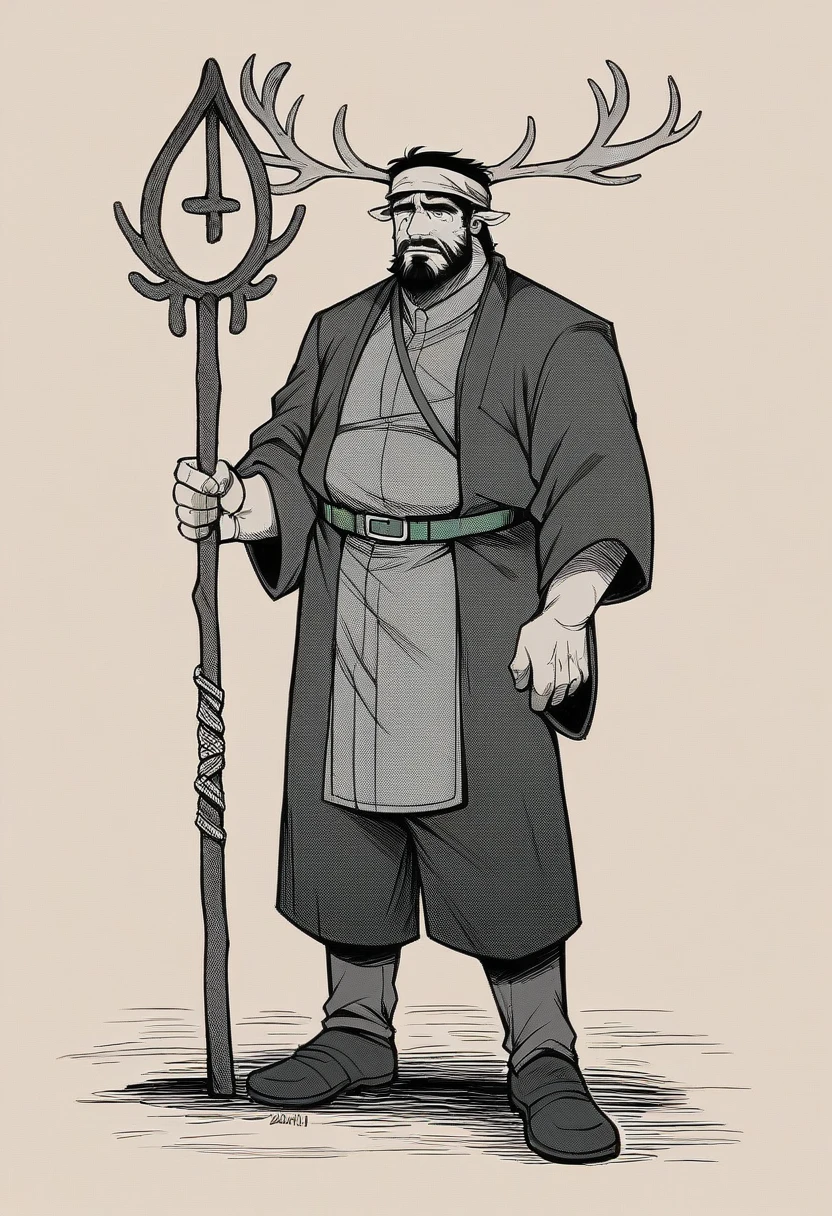 A mysterious Bedouin man, 40 years old, wearing black and white shemagh, bearded, beard, old clothes, dishdasha, Bedouin abaya, strong personality, resembling Jesus Christ, wearing old shoes, leaning on a stick, holding the stick in his left hand, his stick looking like a deer’s horn. His staff is the staff of Moses, his face radiates light, the yoke of his face, an Iraqi headband, wearing a green belt, in a mysterious, empty, unknown and lifeless desert, another man, a British officer, a first lieutenant, looking at him from afar. .