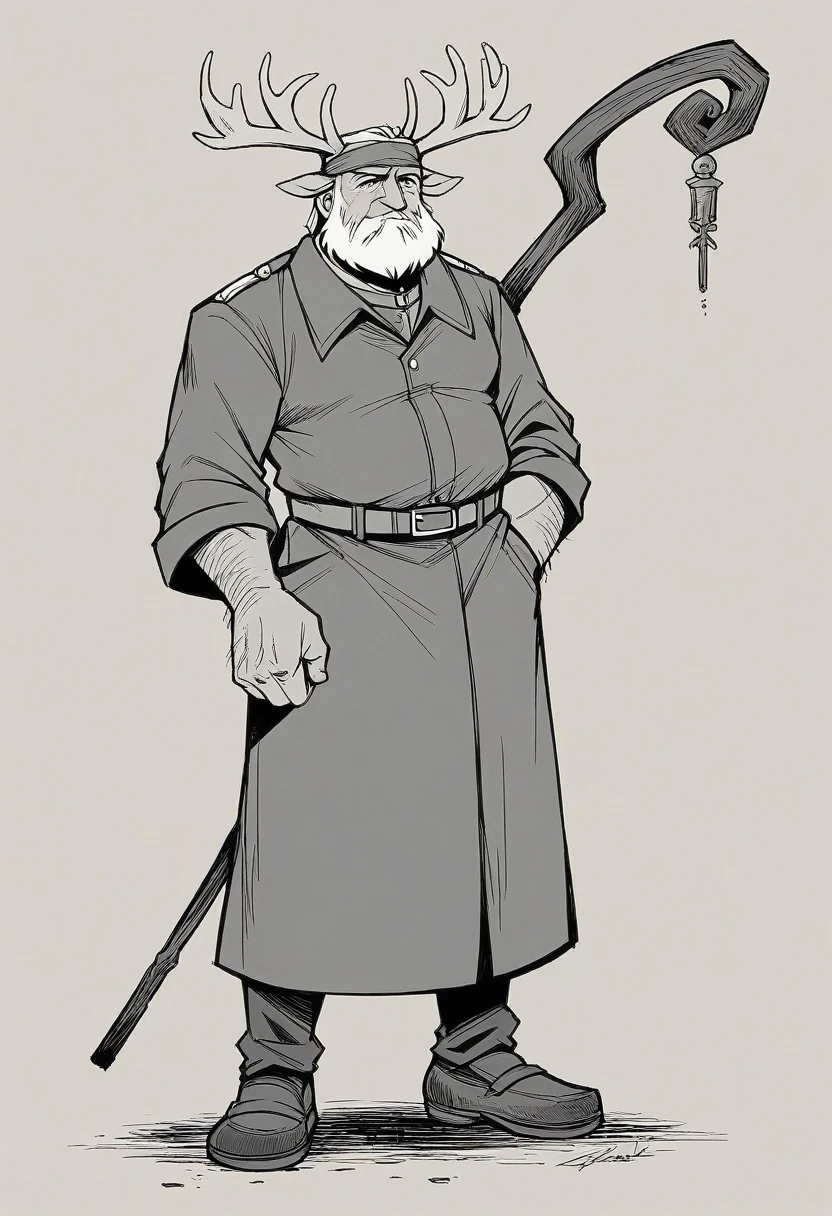 A mysterious Bedouin man, 40 years old, wearing black and white shemagh, bearded, beard, old clothes, dishdasha, Bedouin abaya, strong personality, resembling Jesus Christ, wearing old shoes, leaning on a stick, holding the stick in his left hand, his stick looking like a deer’s horn. His staff is the staff of Moses, his face radiates light, the yoke of his face, an Iraqi headband, wearing a green belt, in a mysterious, empty, unknown and lifeless desert, another man, a British officer, a first lieutenant, looking at him from afar. .