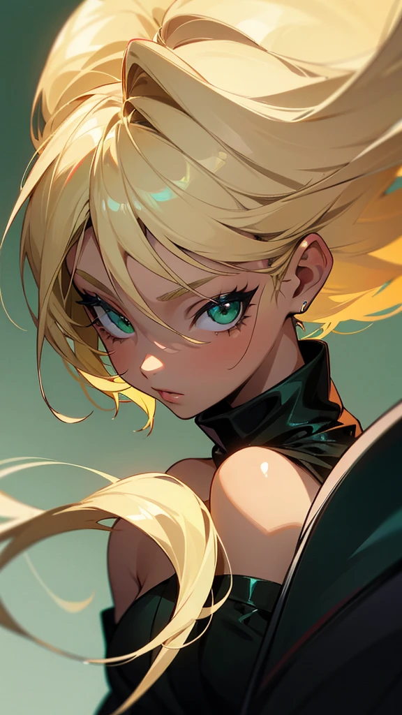 Blonde hair , green eyes ,lightly tan skin , age 15 , goth
