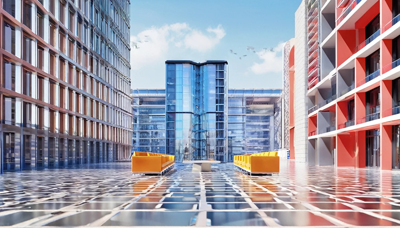 City scene,High-class office building,Office building,3D stereoscopic style,daytime,Bright colors,Morandi color matching style,Rich in architectural details,Ultra-detailed,Ultra HD,8K,(masterpiece),(Ultra-detailed)