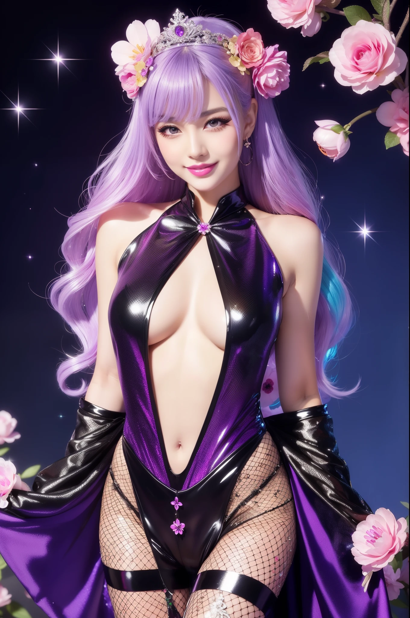 beautiful sexy model who controls poison、beautiful smile、lipgloss、long lashes、intense makeup、look at the camera、full body Esbian、、sparkling poisoned flower costume、、、、shiny sparkling multicolor hair、secrete poison、skull hair accessories、fishnet tights、shiny sparkling flowers background