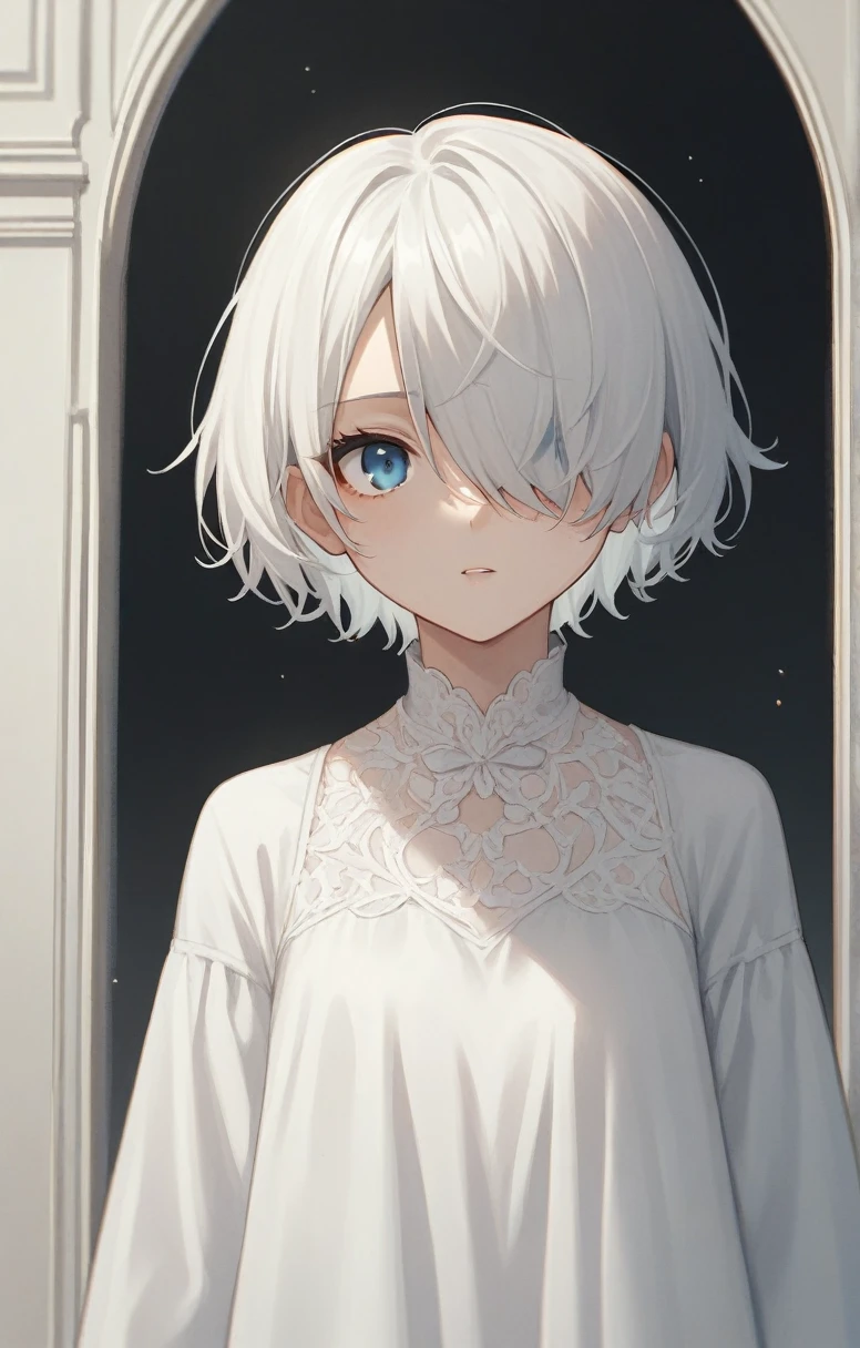 score_9, score_8_up, score_7_up, score_6_up, score_5_up, score_4_up, BREAK source_anime, one anime girl, blue eyes, white hair, short hair, hair covers one eye, white dress,