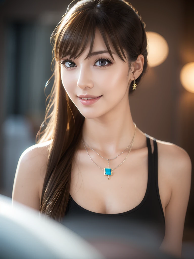 a beautiful young russian woman, detailed face, (high quality), photorealistic, stunning eyes, long eyelashes, flawless skin, light brown hair, tight waist, necklace, active posing, long hairstyle, vivid colors, masterpiece, best quality, confident expression, ultra-detailed, (realistic:1.37), 8K, HDR, studio lighting, physically-based rendering, professional, vivid colors, bokeh, beautiful figure, gorgeous lips, smile, wet body、ライダースーツ