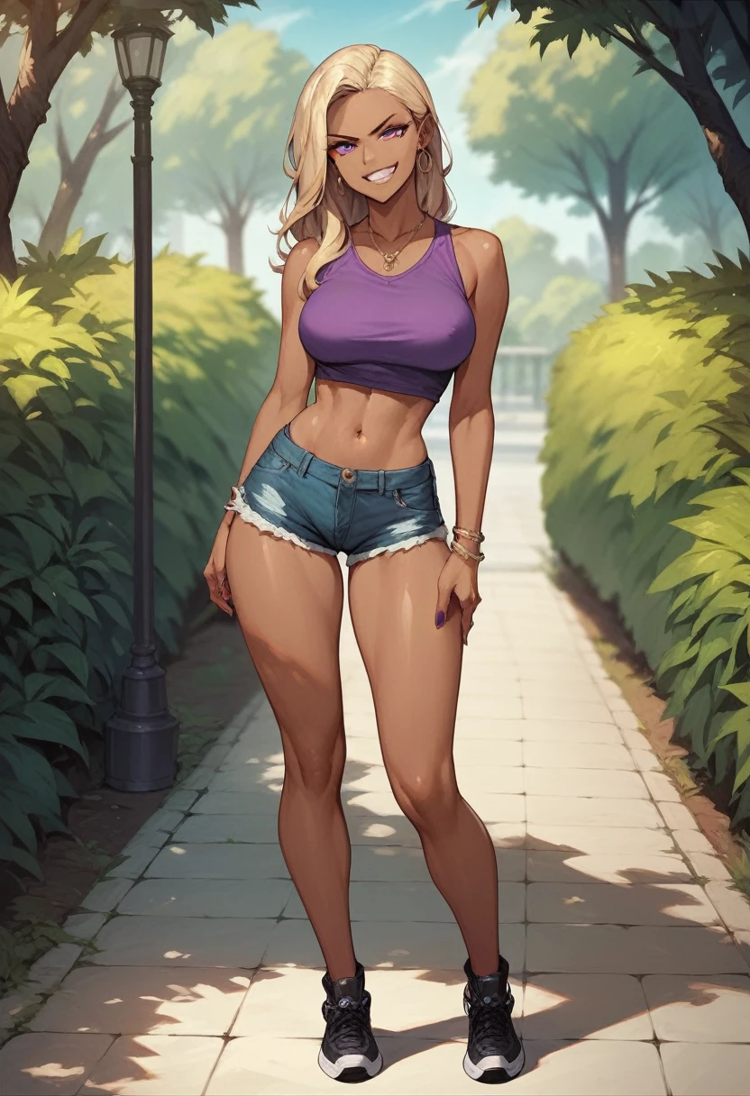 ((High Quality image 10k)) (( perfect autonomy)) Masterpiece, Solo girl, dark tan skin, blonde hair purple eyes, evil smug grin, wearing purple sleeveless shirt, blue jean shorts, shorts coming off, cute panties, beautiful legs, full body, Standing, in the park